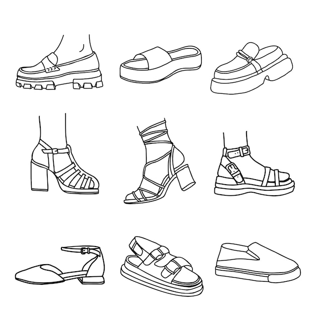 Plik wektorowy kolekcja nowoczesnych linii obuwia kobiecego szkic zestaw butów i sandałów na wiosnę i lato ręcznie rysowane ilustracji wektorowych