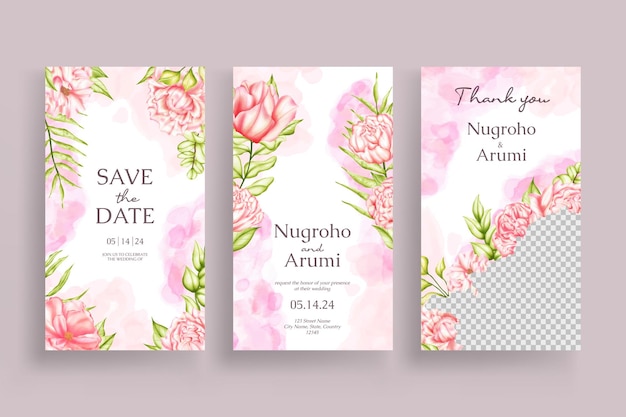 Plik wektorowy kolekcja opowiadań o kwiatach na instagramie do szablonu zaproszenia na ślub