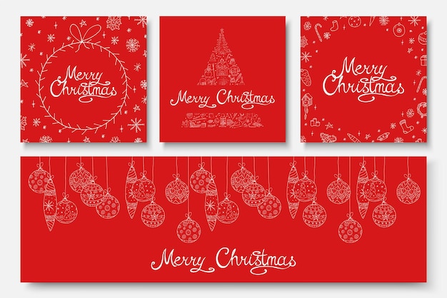 Kolekcja Pięknych Kart Wesołych świąt Ręcznie Rysowane Projekt Zimowe Wakacje Czerwone Tła