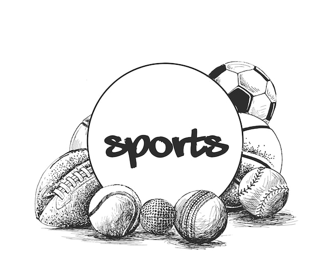 Kolekcja piłek piłki sportowe ręcznie rysowane szkic tło wektor