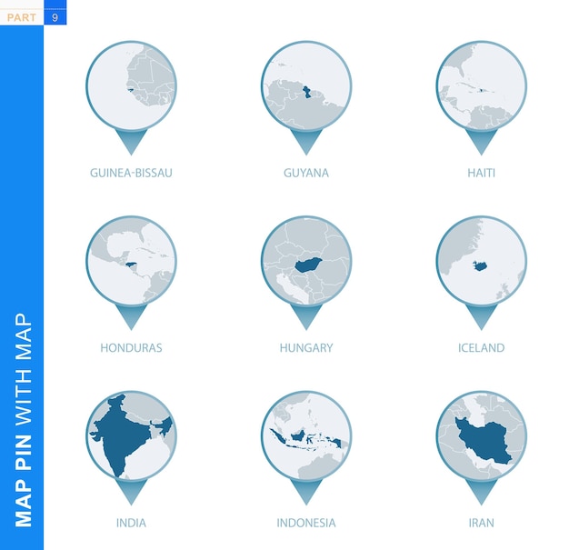 Kolekcja Pinezek Z Mapą Ze Szczegółową Mapą I Sąsiednimi Krajami, 9 Pinezek Z Mapą Gwinei Bissau, Gujany, Haiti, Hondurasu, Węgier, Islandii, Indii, Indonezji, Iranu