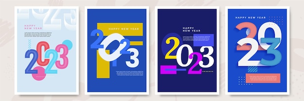 Kolekcja Plakatów Szczęśliwego Nowego Roku 2023 W Stylu Płaski