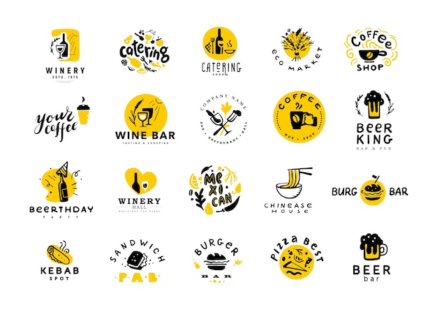 Kolekcja Płaski Zestaw Logo żywności I Alkoholu Na Białym Tle. Ręcznie Rysowane Elementy żywności, Ikony Potraw.