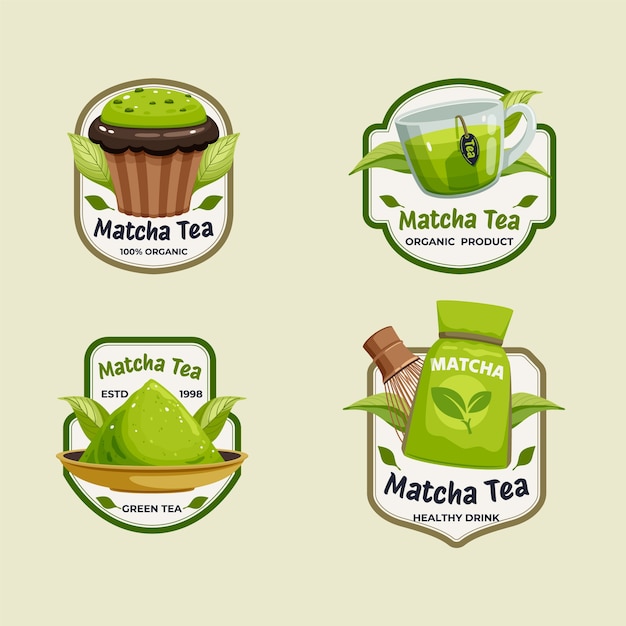 Kolekcja Płaskich Etykiet Herbaty Matcha Z Akcesoriami Do Herbaty