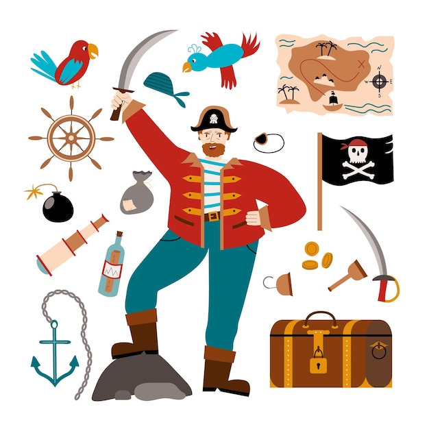 Kolekcja płaskich ikon piratów z drewnianą skrzynią skarbów i czarną flagą jolly roger streszczenie ilustracji wektorowych