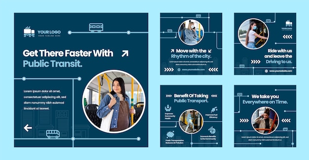 Plik wektorowy kolekcja płaskich postów na instagramie dla transportu publicznego i tranzytu