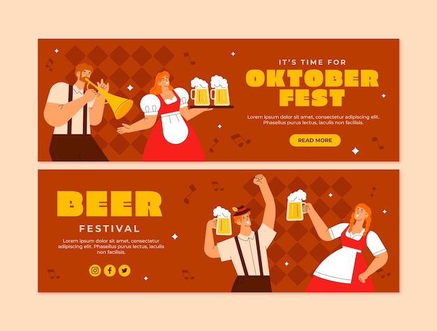 Kolekcja płaskich poziomych banerów na obchody oktoberfest