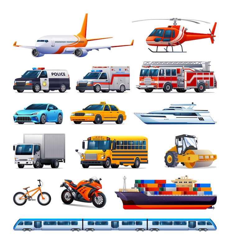 Wektor kolekcja pojazdów transportowych różne rodzaje pojazdów ilustracja kreskówka wektorowa