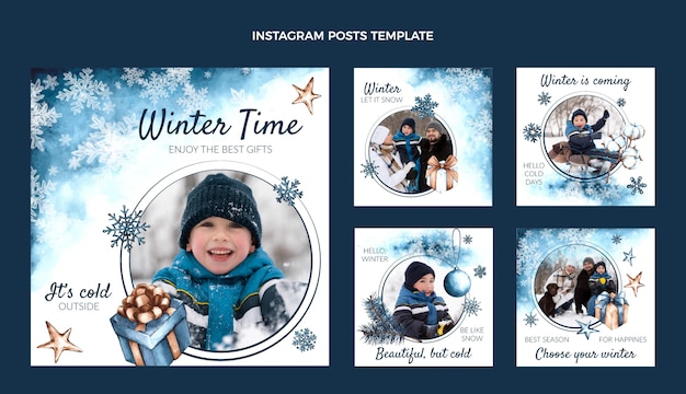 Plik wektorowy kolekcja postów na instagramie akwarela zima