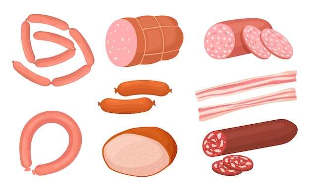 Kolekcja produktów mięsnych z kreskówek, kiełbasy i frankfurterki