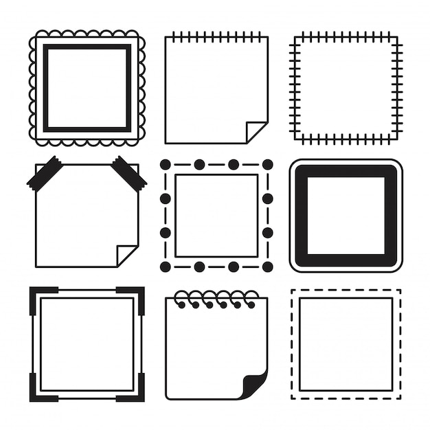 Kolekcja prostej kwadratowej ramki i notatki o różnych kształtach.