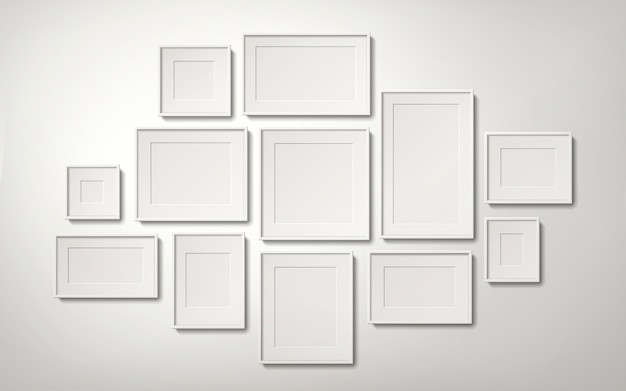 Plik wektorowy kolekcja pustych białych ramek do zdjęć wiszących na ścianie, realistyczny styl ilustracji 3d