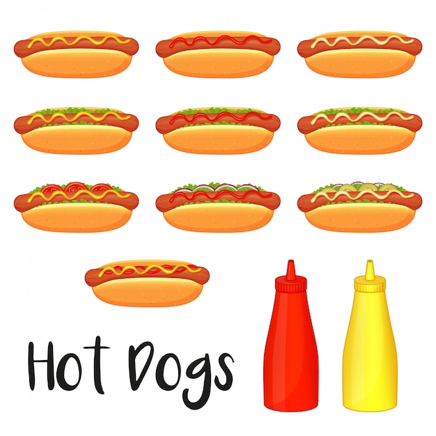 Plik wektorowy kolekcja pyszne hot dogi, musztarda i keczup na białym tle. styl kreskówkowy.