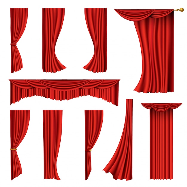 Kolekcja realistycznych czerwonych zasłon. Tkanina teatralna jedwabna dekoracja do kina lub sali operowej. Zasłony i draperie obiekt do dekoracji wnętrz. Pojedynczo na białym na scenie teatralnej