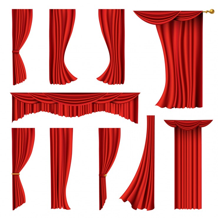 Wektor kolekcja realistycznych czerwonych zasłon. tkanina teatralna jedwabna dekoracja do kina lub sali operowej. zasłony i draperie obiekt do dekoracji wnętrz. pojedynczo na białym na scenie teatralnej