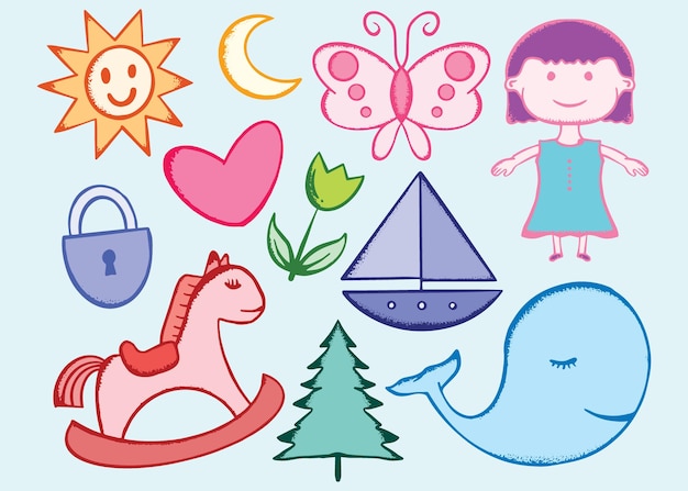 Kolekcja Ręcznie Rysowane Kolorowe Dzieci Doodle Ilustracja Na Plakat Naklejek Itp.