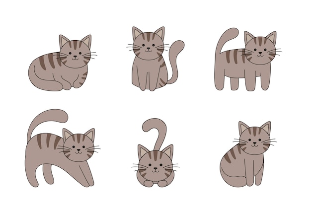 Plik wektorowy kolekcja ręcznie rysowane słodkie koty idealna do scrapbookingu zestaw naklejek z kartką z życzeniami