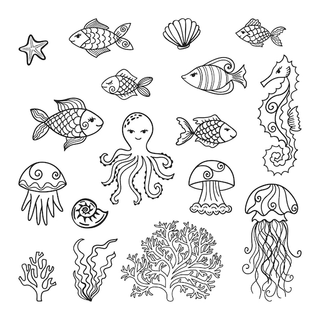 Kolekcja Ręcznie Rysowanych Podwodnych Zwierząt Kreskówek