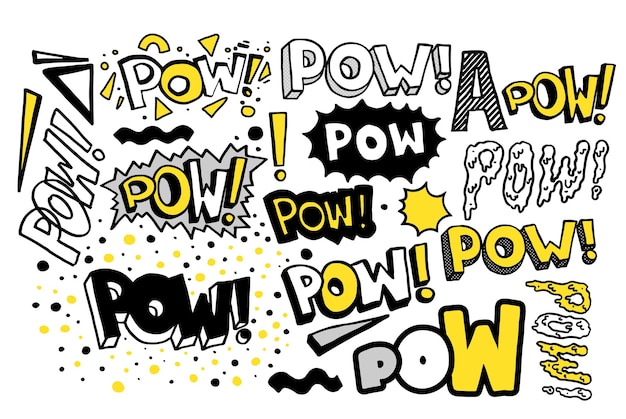 Kolekcja Retro Pow Wektor Ręcznie Rysowane Napis Cytat W Popularnym Stylu Pop-art Zabawna Kreskówka Wybuch