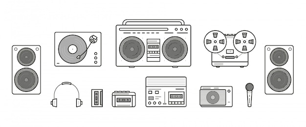 Kolekcja Retro Systemów Dźwiękowych. Przenośny Odtwarzacz, Słuchawki, Odtwarzacz Kasetowy, System Stereo, Głośniki, Odtwarzacz Płyt, Magnetofon, Mikrofon, Radio, Odtwarzacz Winylowy. Zestaw Ilustracji Sztuki Kontur Linii