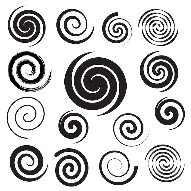 Plik wektorowy kolekcja spiralna. zestaw prostych spiral. zestaw czarnych elementów do projektowania. wektor ilustracja płaski. na białym tle. wirowa narysowana pędzlem. streszczenie szkicu.