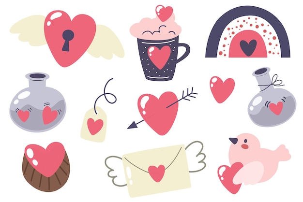 Kolekcja St Valentines Day Handdrawn serca i słodycze koperta birdie metka z ceną ciasto Vec