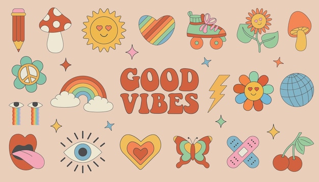 Kolekcja starych elementów groovy i znaków Retro charakter hippie styl lat 70-tych Vintage set
