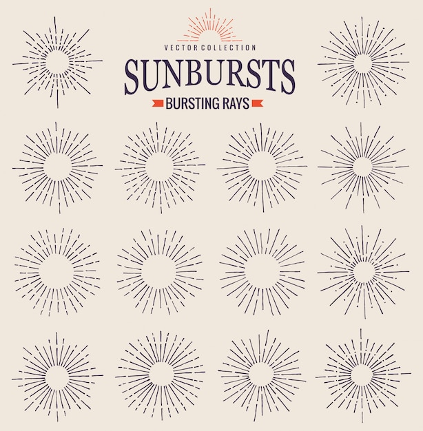 Kolekcja Sunbursts Modnych Ręcznie Rysowane Promienie Retro. Symbol Słońca, Wschodu I Promienistych Fajerwerków. Elementy Wystroju. Vintage Sunbursts W Kolorze Czarnym