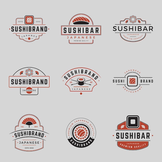 Kolekcja Sushi Bar Minimalistyczne Vintage Logo Linia Wektor Japońskie Jedzenie Kawiarnia Restauracja Godło