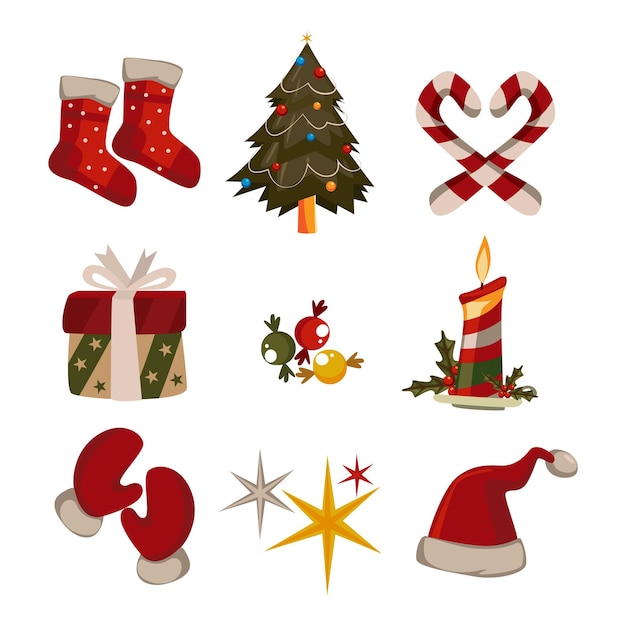Kolekcja świątecznych przedmiotów, w tym Santa Santa Santa i Santa