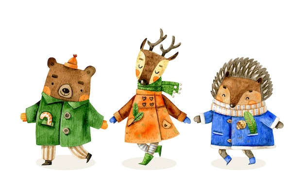 Plik wektorowy kolekcja świątecznych zwierząt z niedźwiedziem jeleniem jelenia w zimowych ubraniach