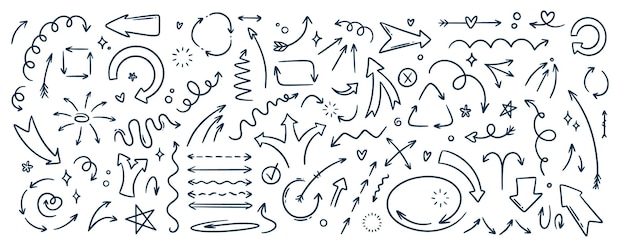Kolekcja szkiców Doodle, strzałek i abstrakcyjnych kształtów, rysowana ręcznie, prosta za pomocą pędzla lub długopisu