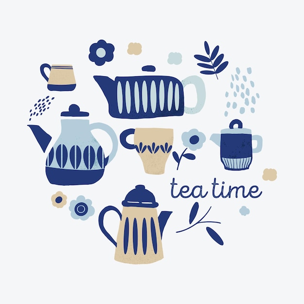 Plik wektorowy kolekcja teatime obejmuje zestaw do herbaty z ilustracją dzbanka