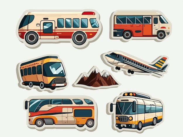 Kolekcja Transportu, Takich Jak Samolot Autobusowy I Ikony Górskie W Stylu Naklejki