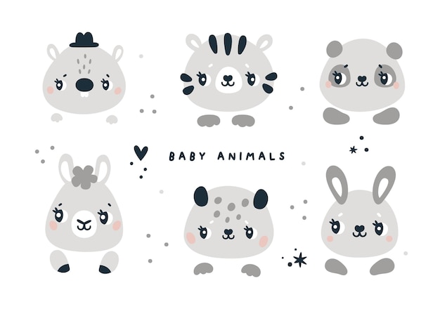 Plik wektorowy kolekcja twarzy zwierząt w stylu kreskówki zwierzęta dla dzieci na imprezę baby shower lub wydruki dla dzieci w przedszkolu