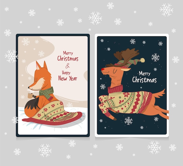 Kolekcja Uroczych Kartek świątecznych Z Ręcznie Rysowaną Ilustracją Jelenia I Lisa