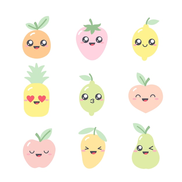 Plik wektorowy kolekcja uroczych rysunków z postaciami owoców w pastelowych kolorach. zestaw ilustracji kawaii z owocami-jabłkiem; ananas; limonka; cytrynowy; grejpfrut; mango, gruszka, truskawka i brzoskwinia