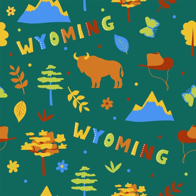 Kolekcja Usa. Ilustracja Wektorowa Motywu Wyoming. Symbole Stanu - Wzór Na Zielono