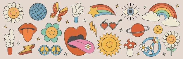 Kolekcja vintage groovy elementów i postaci Retro charakter hippie styl lat 70.