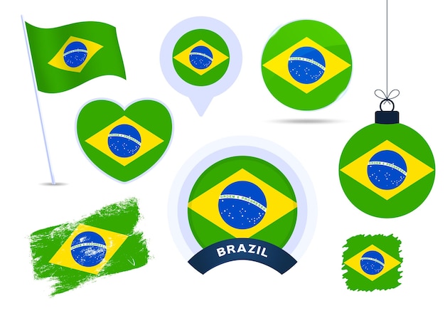 Plik wektorowy kolekcja wektor flaga brazylii. duży zestaw elementów projektu flagi narodowej w różnych kształtach na święta państwowe i narodowe w stylu płaski.
