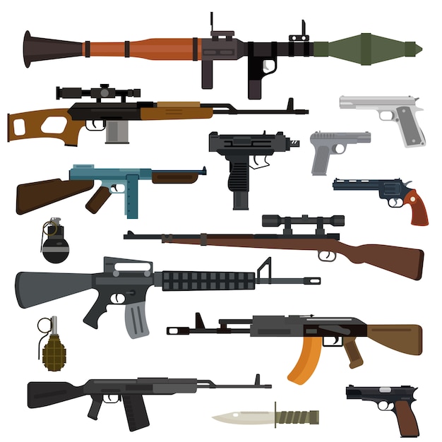 Plik wektorowy kolekcja wektorów broni. pistolety, pistolety maszynowe, karabiny szturmowe i snajperskie, nóż, granat