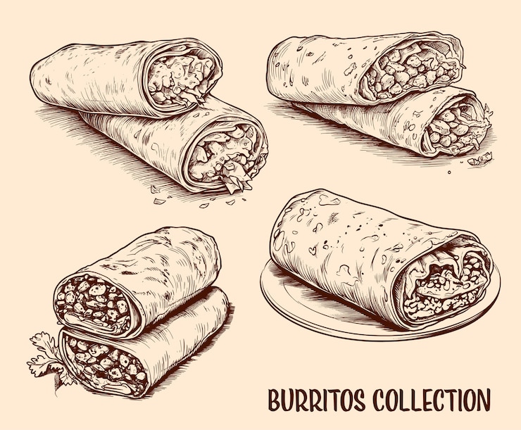 Wektor kolekcja wyciągniętych burrito i opakowań