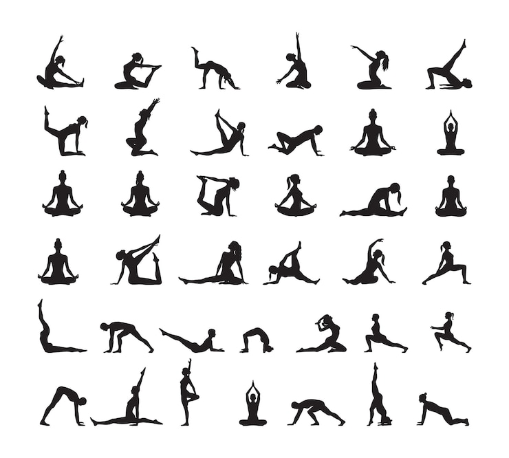 Wektor kolekcja z ikonami yoga poses silhouettes
