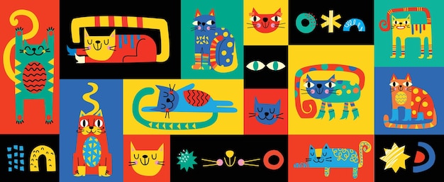 Kolekcja z uroczymi kotami dekoracyjne abstrakcyjne ilustracje z kolorowymi rysunkami kształty geometryczne