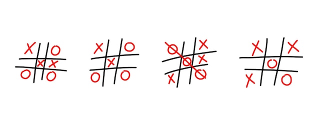 Kółko i krzyżyk. Ręcznie rysowane szkic gry dla dzieci w kółko i krzyżyk. Zestaw gier dla dzieci XO. Wygraj w tictactoe.