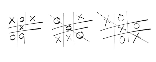 Kółko I Krzyżyk. Ręcznie Rysowane Szkic Gry Dla Dzieci W Kółko I Krzyżyk. Zestaw Gier Dla Dzieci Xo. Wygraj W Tictactoe.