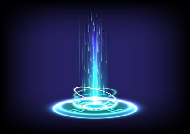 Koło teleportacyjne podium Portal i hologram nauka futurystyczna scena Cyfrowa hitech Scifi w świecącym projektorze HUD Magiczna brama w grze fantasy Fala 3D Stojak na produkt i szablon wyświetlacza