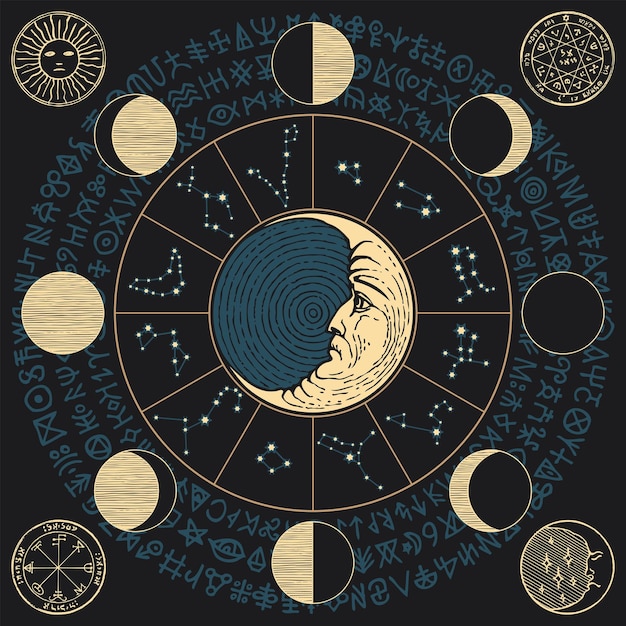 koło zodiaku z cyklami zaćmienia księżyca
