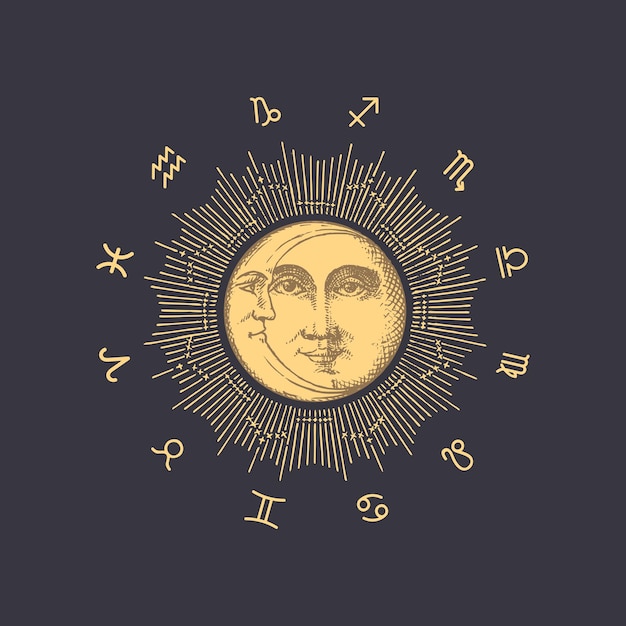 Koło Zodiaku Z Rysunkiem Wektorowym Sun Crescent