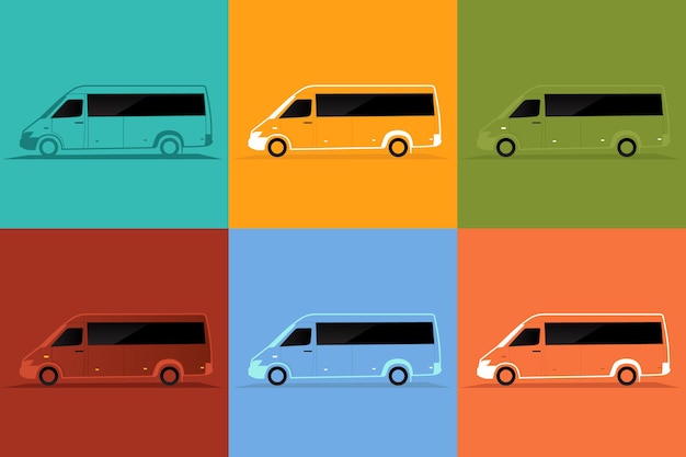 Kolor autobusu zestaw ilustracji wektorowych Minibus prosta płaska ikona z cieniem i światłem